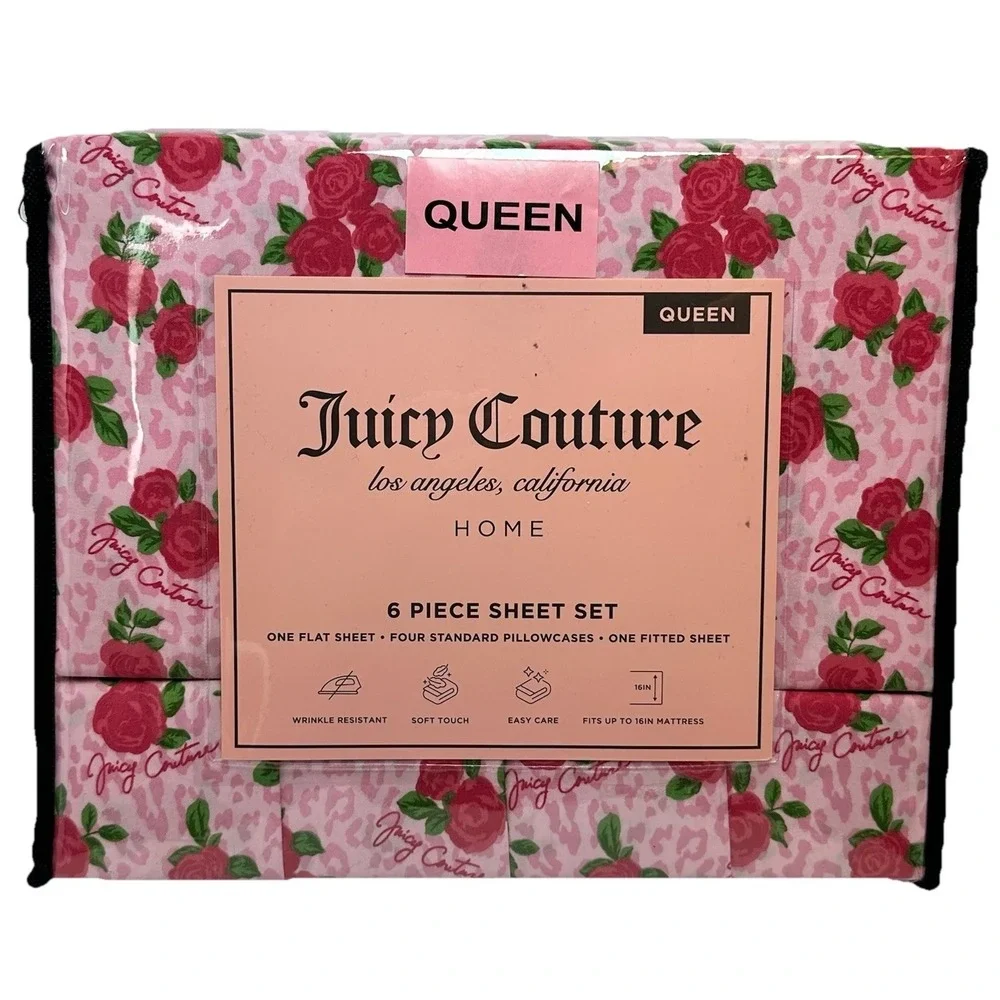 Juicy Couture Queen Sheet Set Pink Rose Leopard 6 Piece Bedding Set New